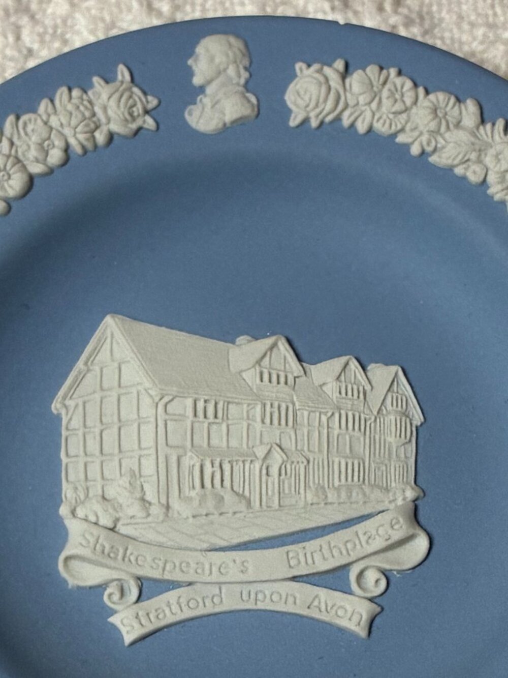 Wedgwood Blue Jasperware Pin Dish - Shakespeare's Birthplace - English Cottage